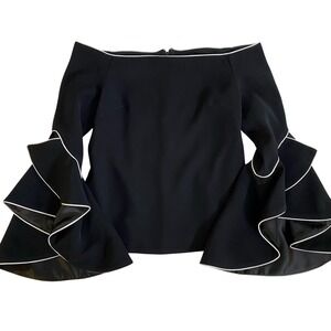 nha khanh Women's Flounce Bell Sleeve Blouse Size 2 Off the Shoulder Zip Up